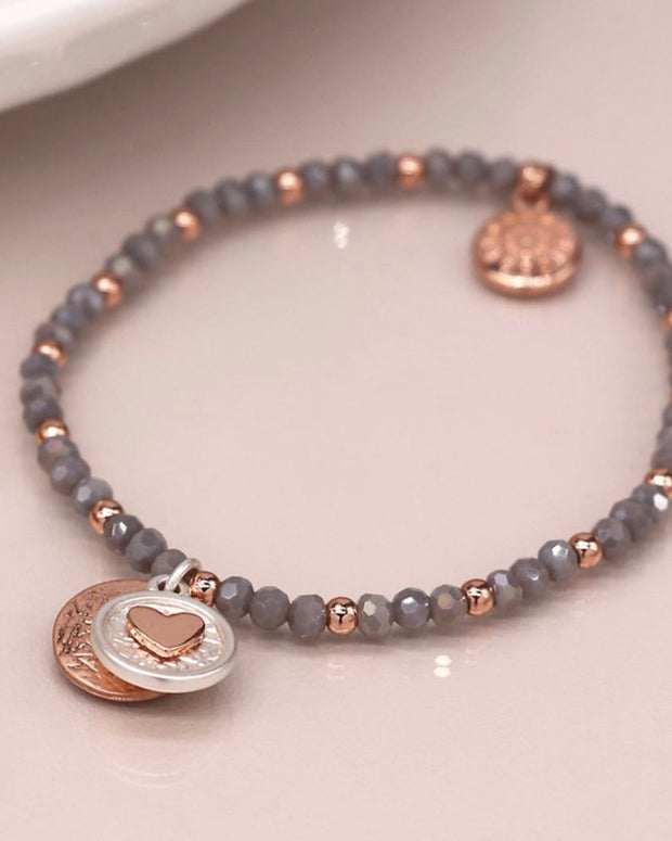 Rose Gold Scratch Disc Heart Disc Grey Bead Bracelet