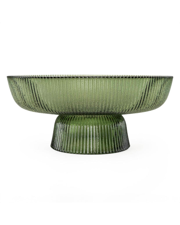 Ridged Glass Pedestal Bowl - Green