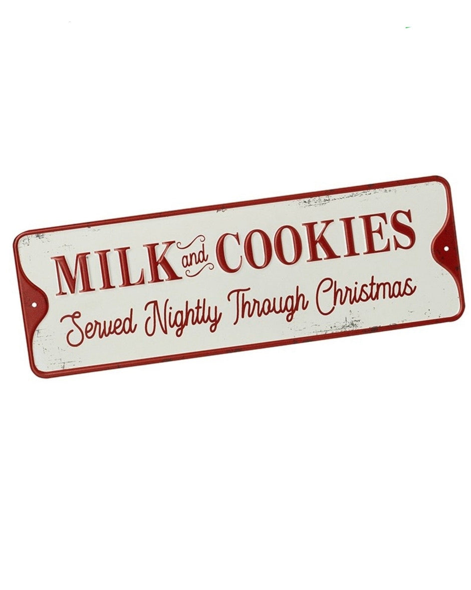 Metal Red And White Christmas Sign - Milk And Cookies