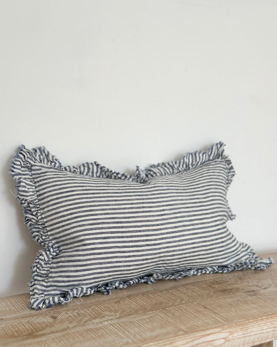 Hallie Navy Blue And White Pinstripe Luxury Cotton Blend Cushion Cover - 50cm x 30cm