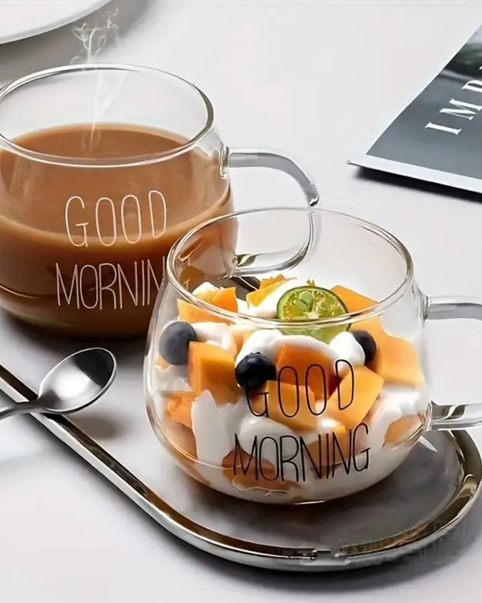 Round Glass Cup Black “Good Morning”