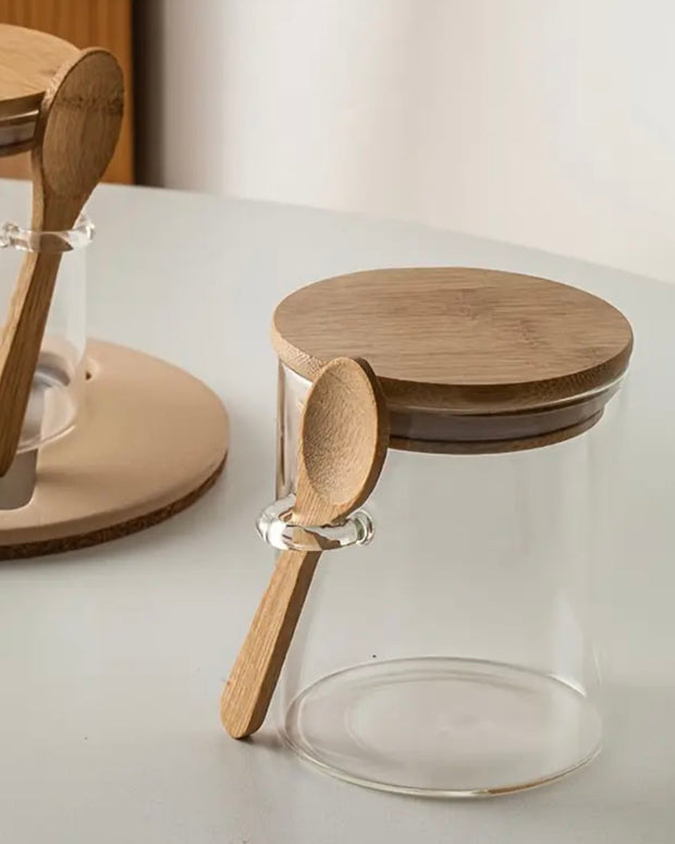 Glass Storage Jar With Wooden Lid And Spoon