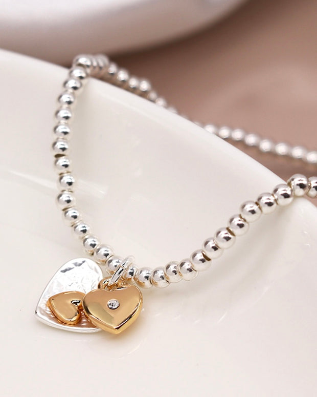 Double Heart Silver/Gold Plate Bead Bracelet