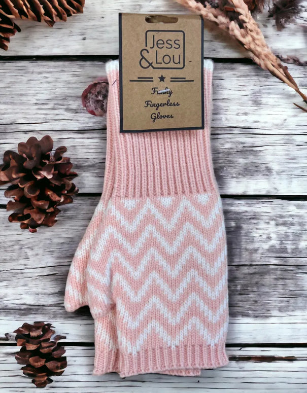 Pink Herringbone Fingerless Glove & Wrist Warmers