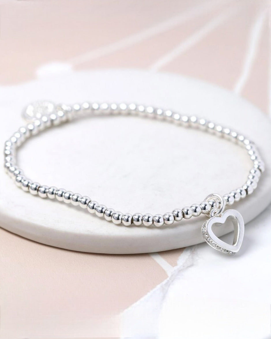 Silver Plated Bracelet Small Open Heart With Tiny Inset Crystals