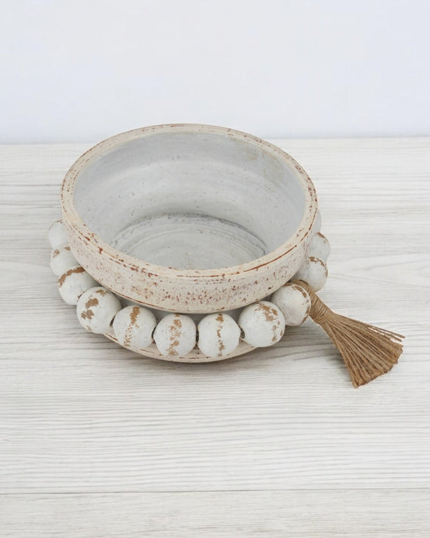 Whitewashed Clay Beaded Round Bowl or Candle Holder