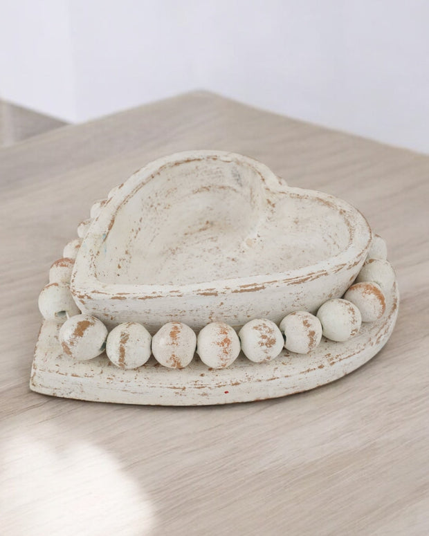 Whitewashed Clay Beaded Heart Bowl or Candle Holder