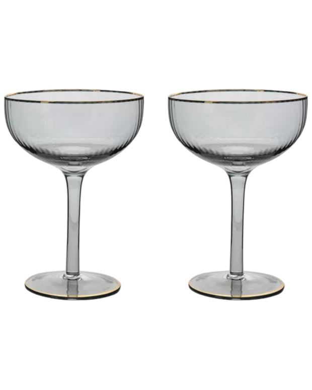 Grey Ribbed Gold Rim Cocktail Coupe Glasses - Set Of Two