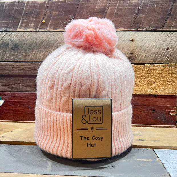 Pink Unisex Cable Bobble Hat