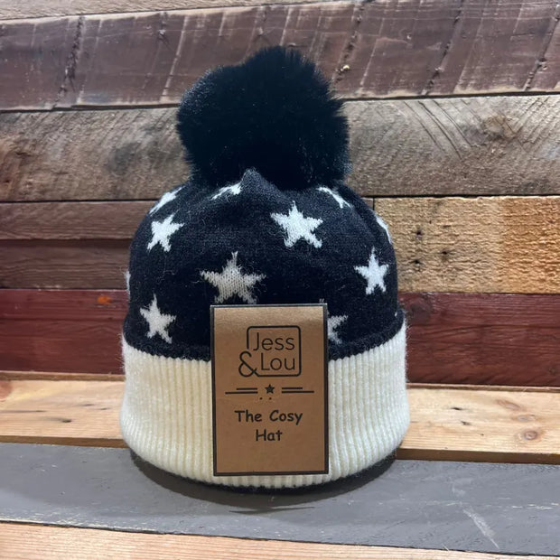 Unisex Star Black Cosy Bobble Hat