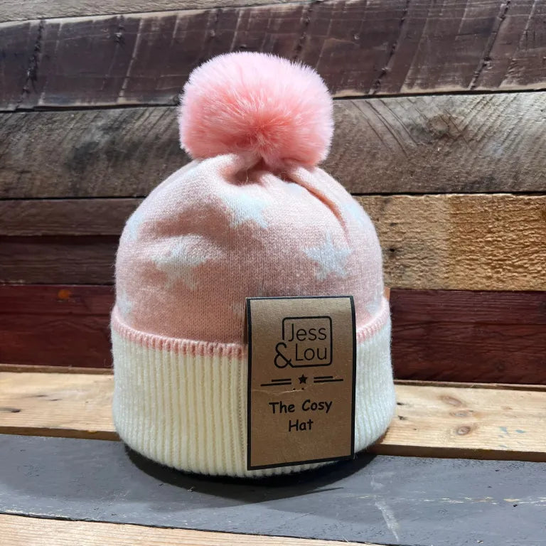 Pink Unisex Star Cosy Bobble Hat