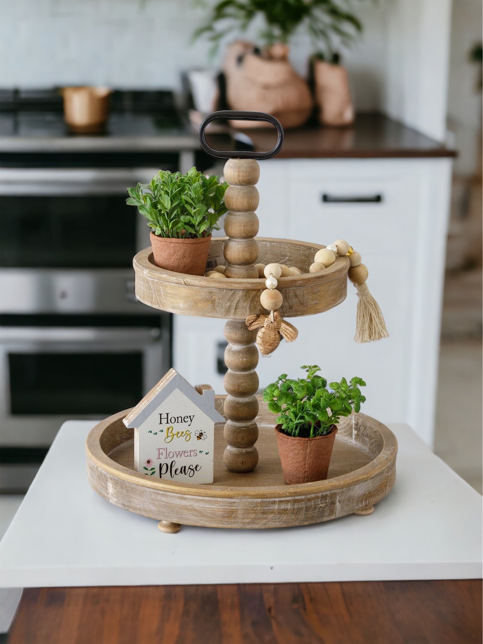 Rustic Two Tier Wooden Beaded Tray