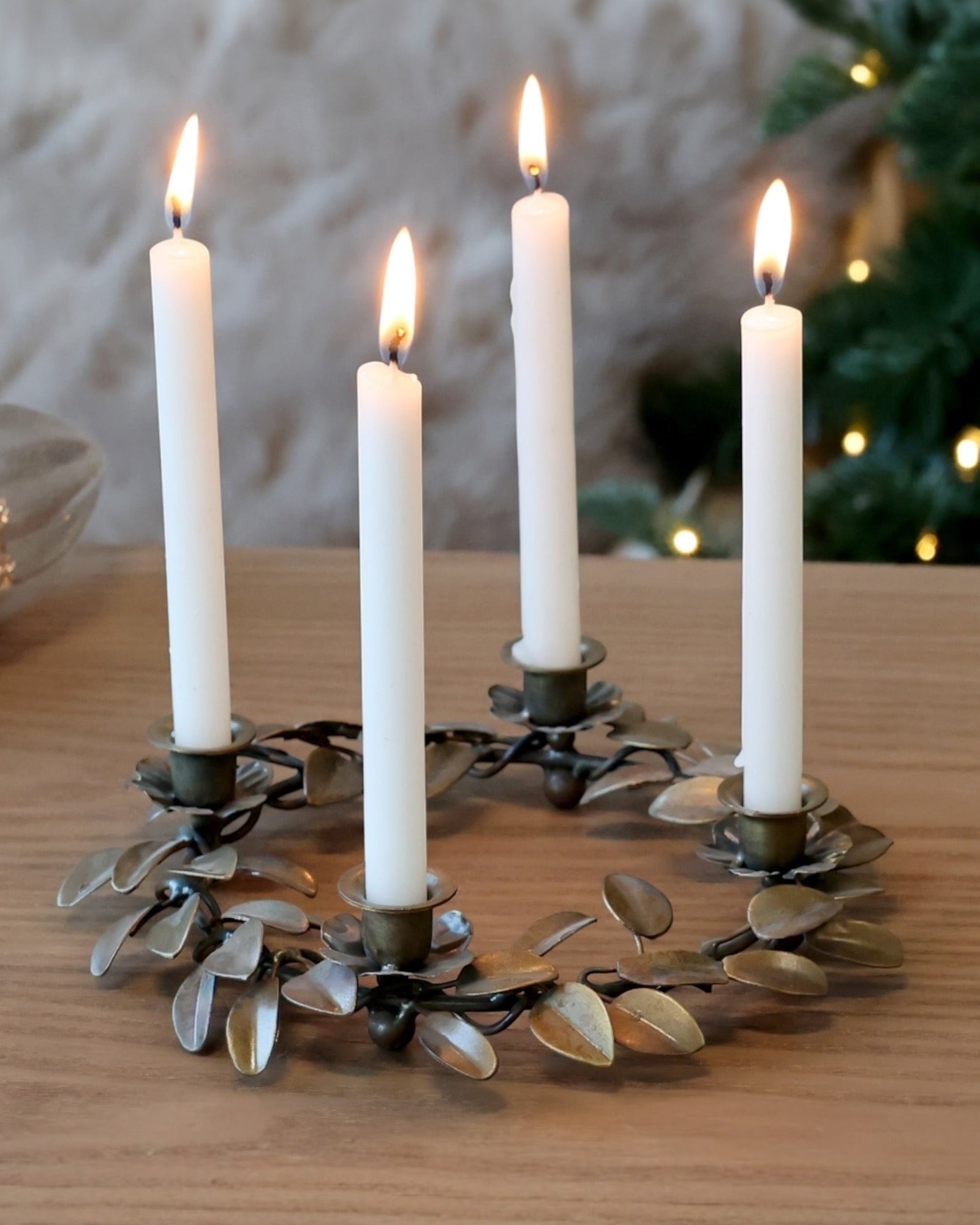 Small Antique Brass Taper Candlestick Holder Wreath With Leaves