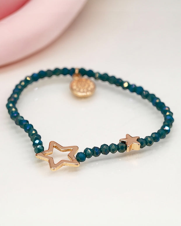 Dusky Blue Bead Bracelet With Faux Gold Solid And Open Stars