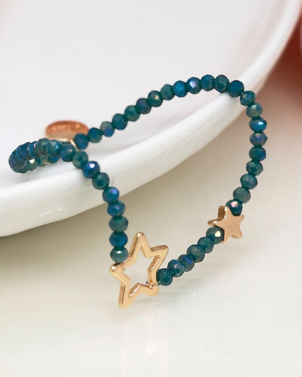 Dusky Blue Bead Bracelet With Faux Gold Solid And Open Stars