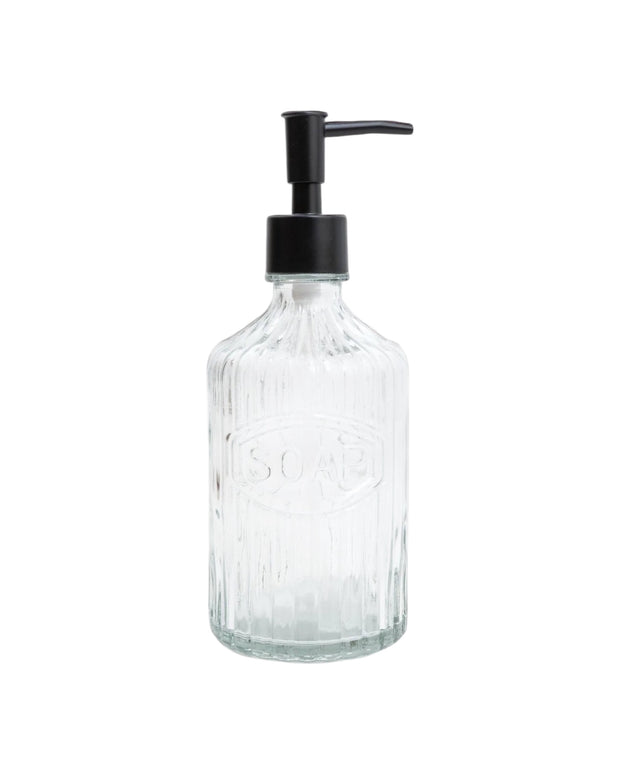 Clear Ribbed Glass Soap Dispenser Bottle - “Soap”