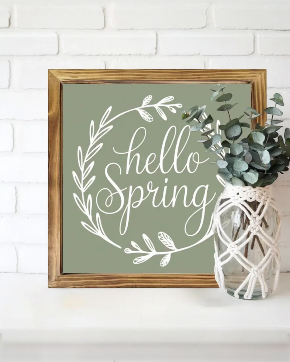 Wooden Sage Green And White Hello Spring Sign