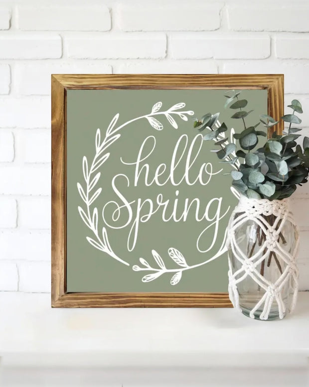 Wooden Sage Green And White Hello Spring Sign