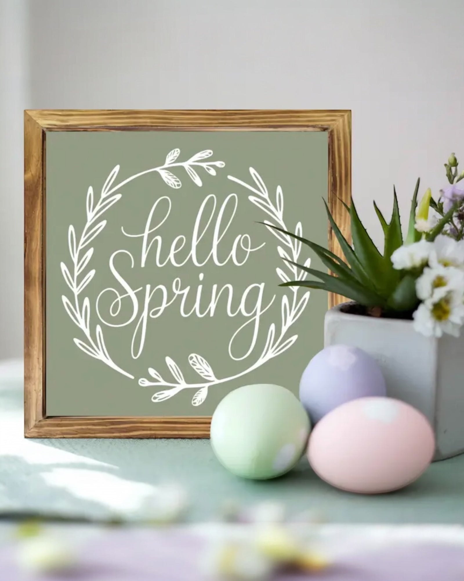 Wooden Sage Green And White Hello Spring Sign