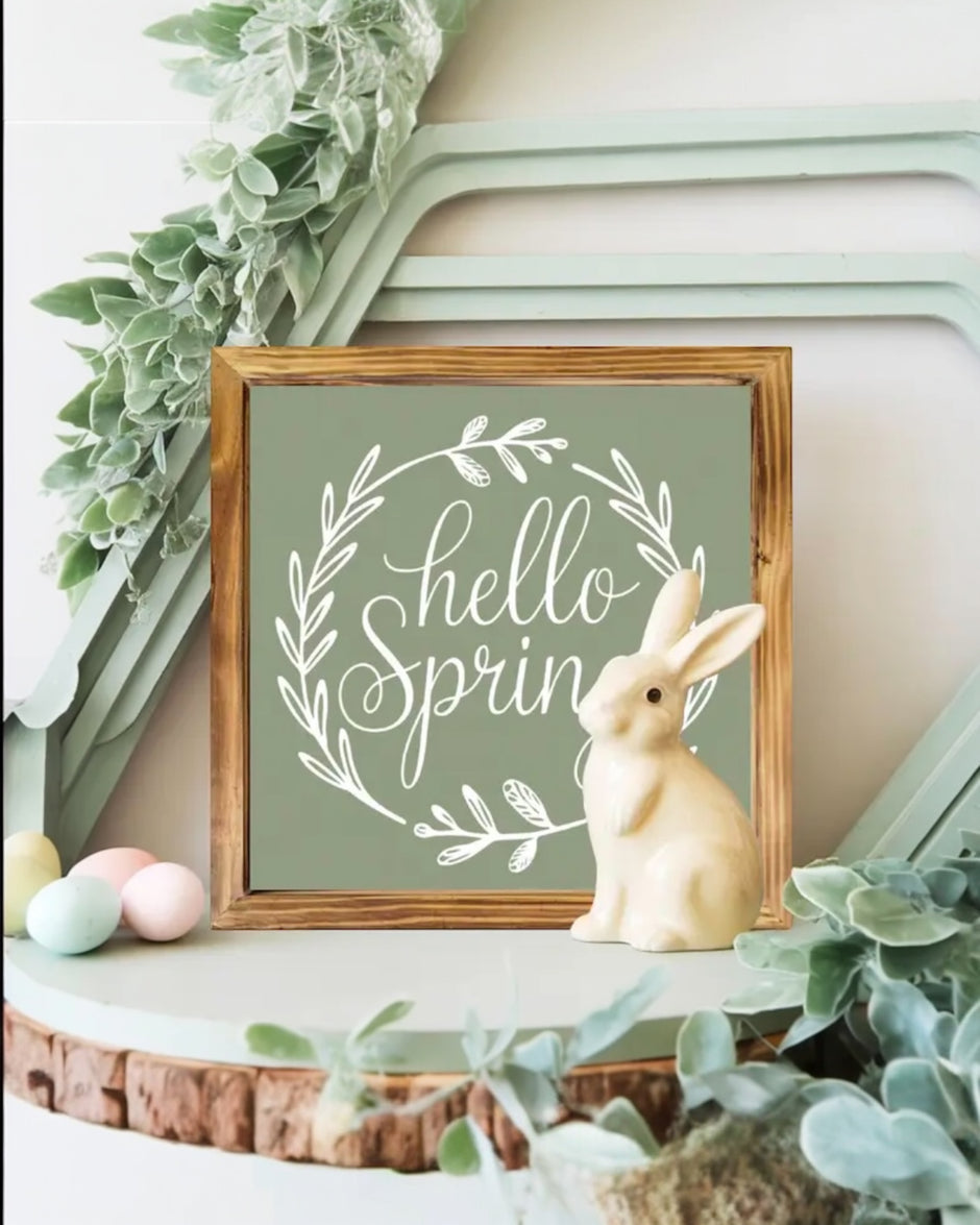 Wooden Sage Green And White Hello Spring Sign