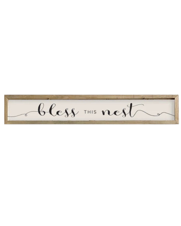 Wooden Rustic Long Framed Sign: Bless This Nest