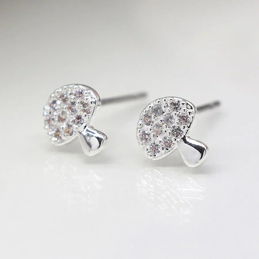 Silver Plated Mushroom Stud Earrings With Clear Crystals