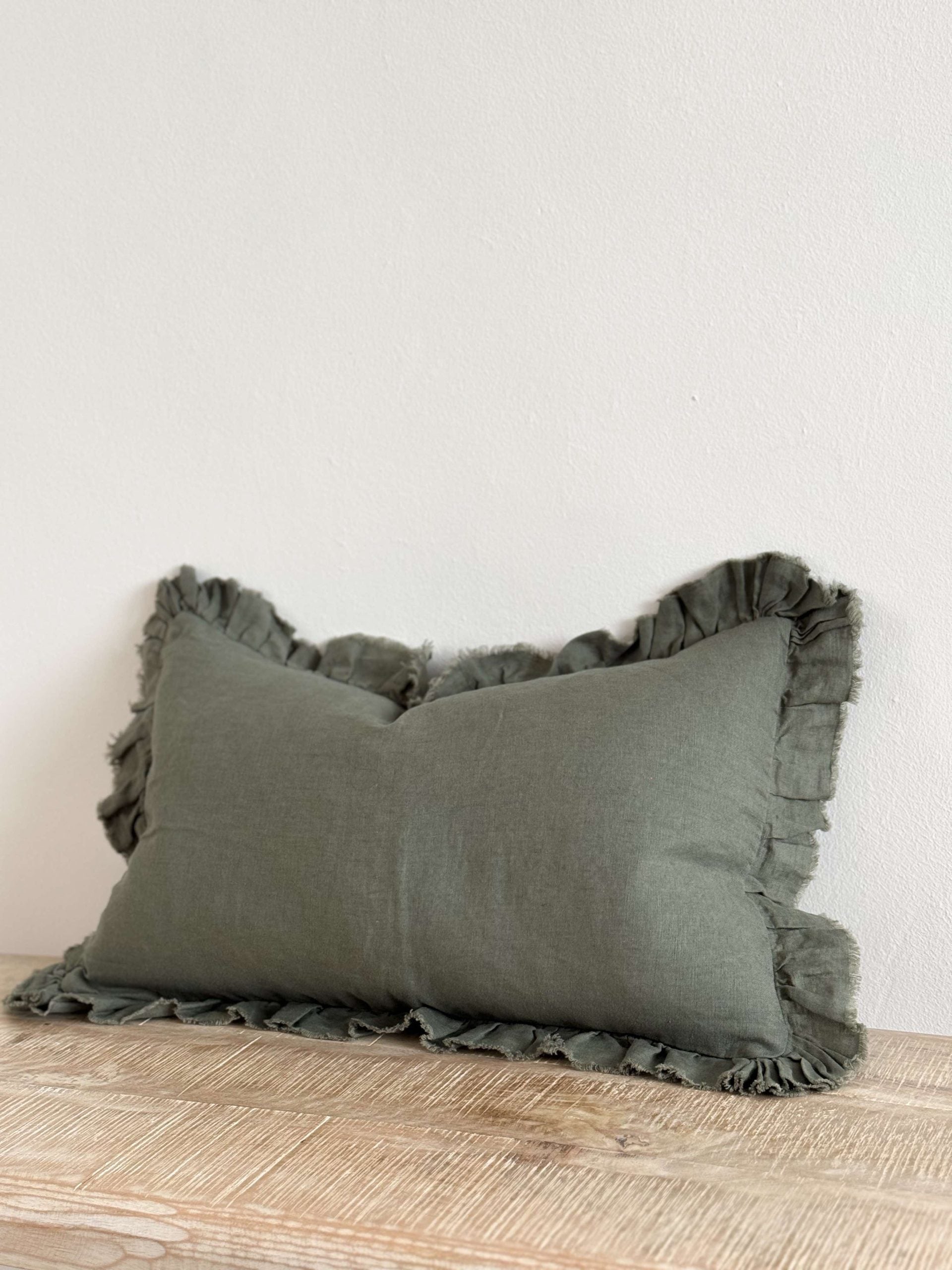 Hallie Khaki Linen Ruffled Edge Cushion Cover - 50cm x 30cm