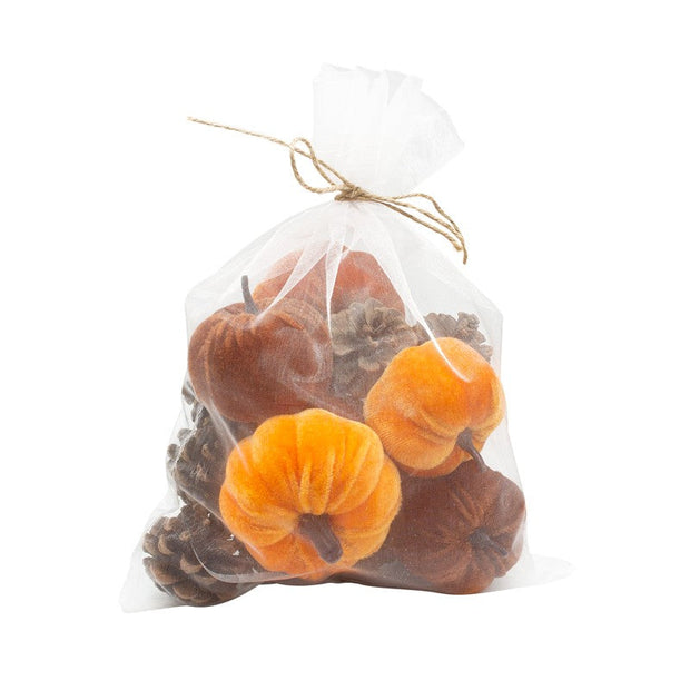 Velvet Pumpkin & Pinecone Set in Linen Bag