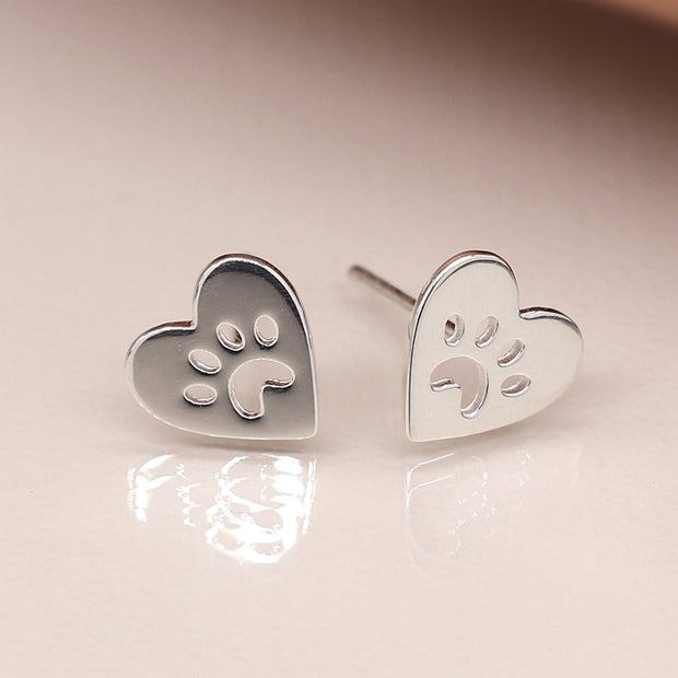 Paw Prints Silver Heart Studs