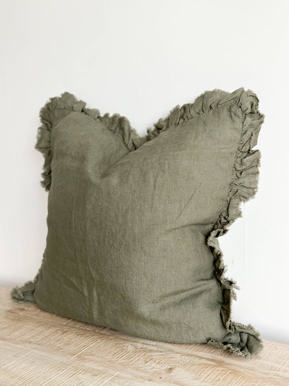 Hallie Olive Green Ruffled Linen Cushion Cover – 45 x 45 cm