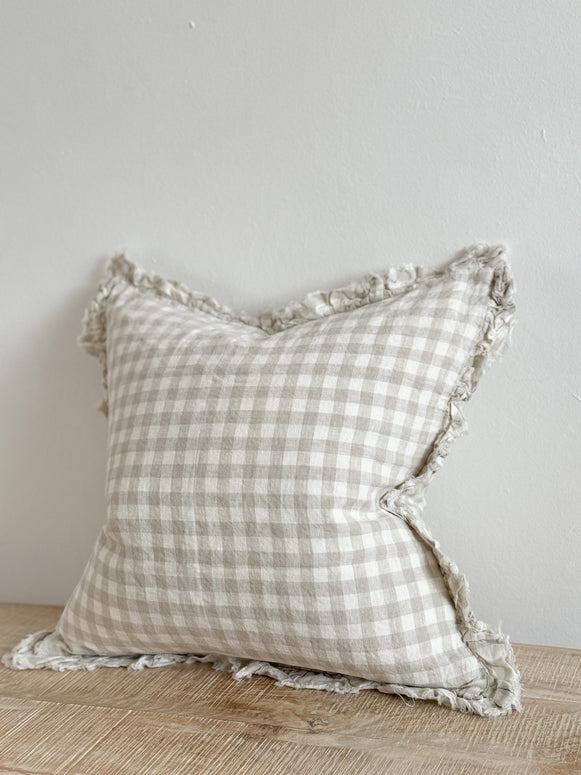 Hallie Neutral Beige And White Gingham Luxury Cotton Blend Cushion Cover - 53cm x 53cm