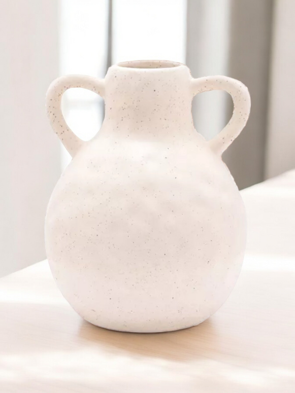 Natural Speckled Cream Ceramic Round Vase With Handles