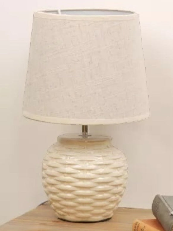 Cream Basket Weave Table Lamp with Beige Linen Shade