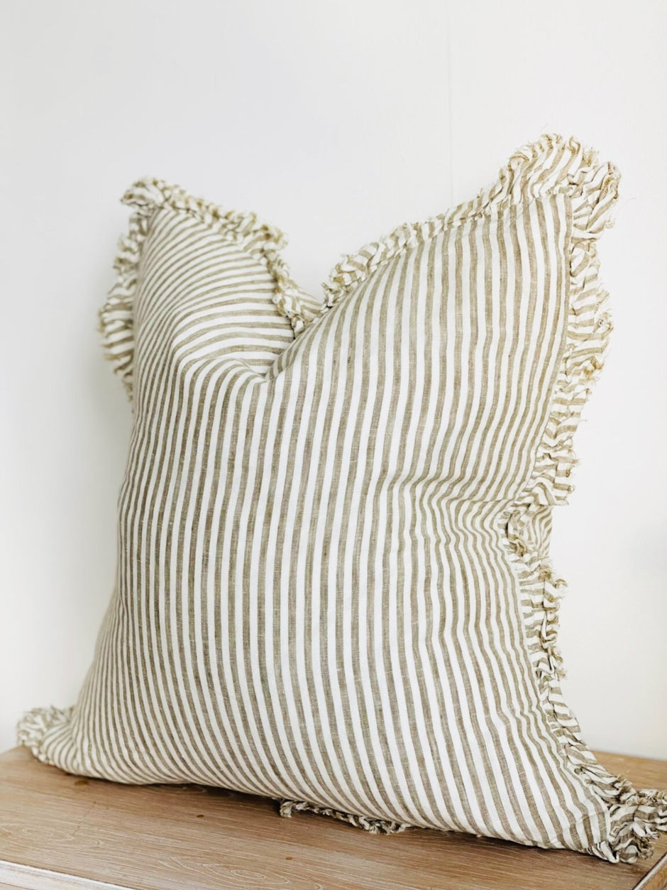 Olive Green Pinstripe Ruffled Linen Cushion Cover - 45cm x 45cm