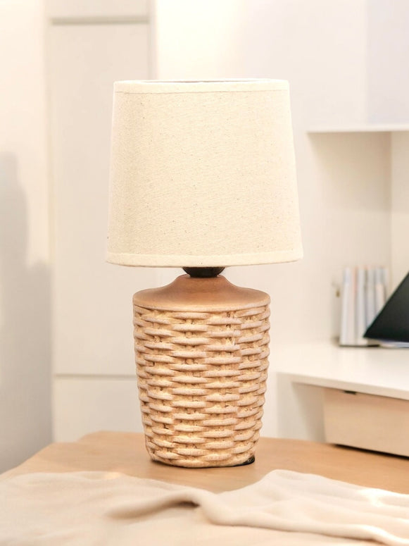 Beige Basket Weave Table Lamp with Beige Linen Shade