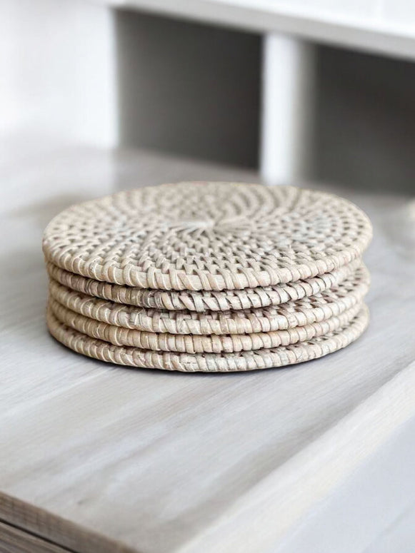 Whitewash Rattan Drinks Coasters – Set of 4