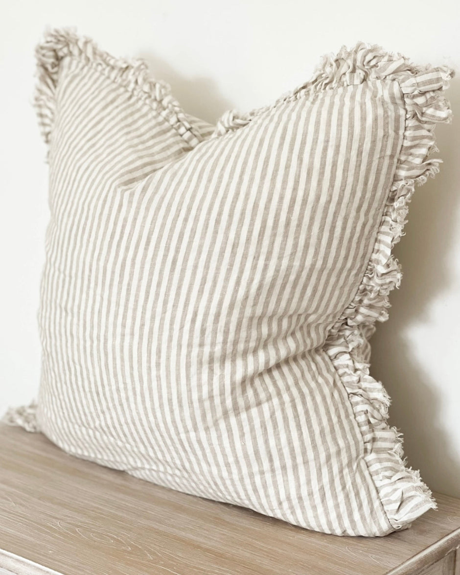 Beige And White Neutral Pinstripe Luxury Cotton Blend Cushion Cover