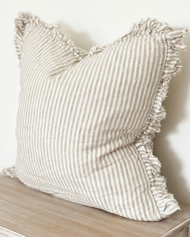 Beige And White Neutral Pinstripe Luxury Cotton Blend Cushion Cover