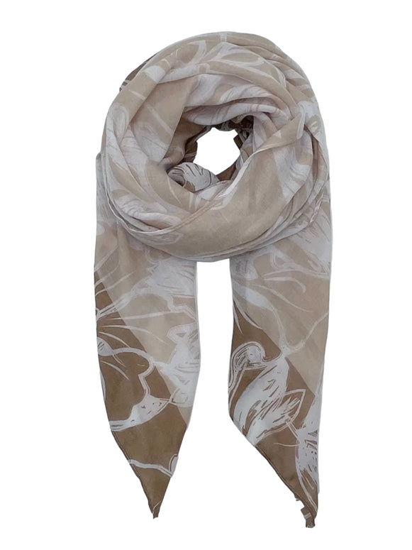 Floral Lightweight Scarf Tan Brown And White