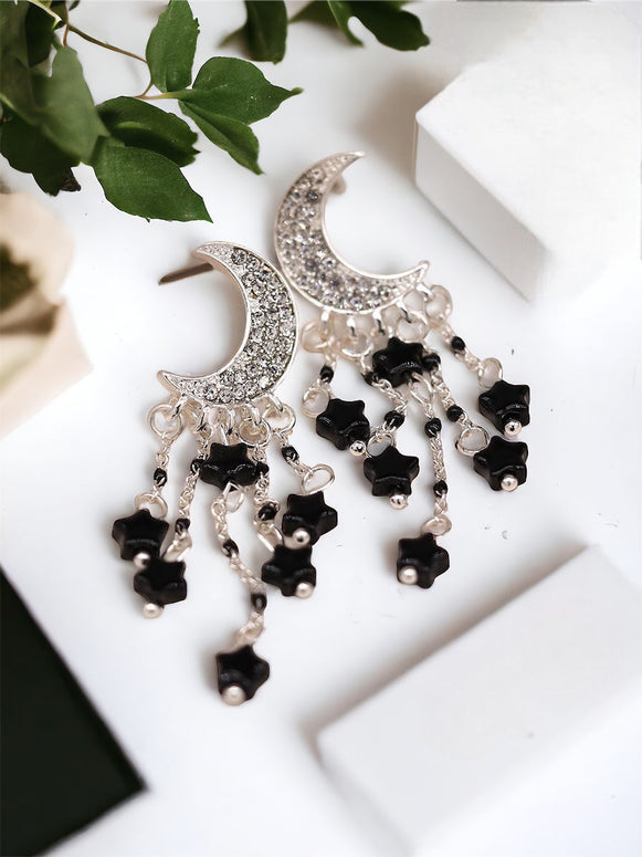 Silver Plated Crystal Moon Earrings With Black Star