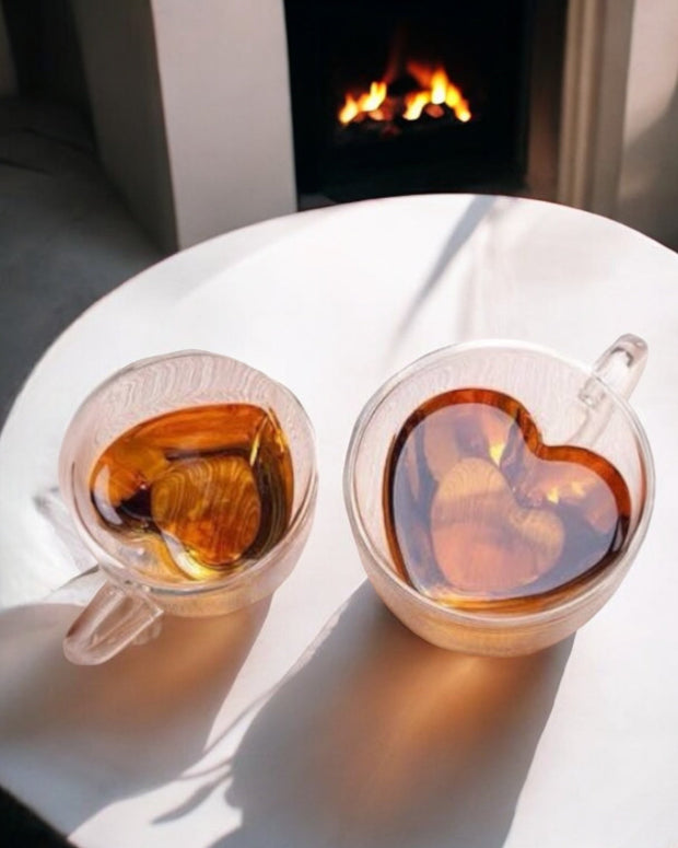 Heart Shaped Double Walled Thermo Glass Mug - Set of Two