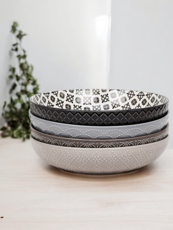 Patterned Nordic Monochrome Pasta Bowls - Set of Four