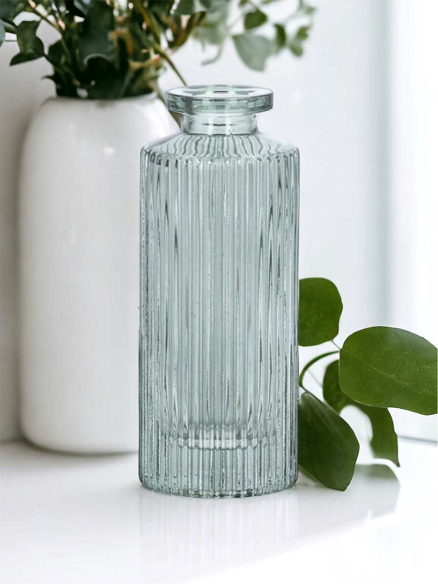 Green Glass Ribbed Bottle Mini Vase