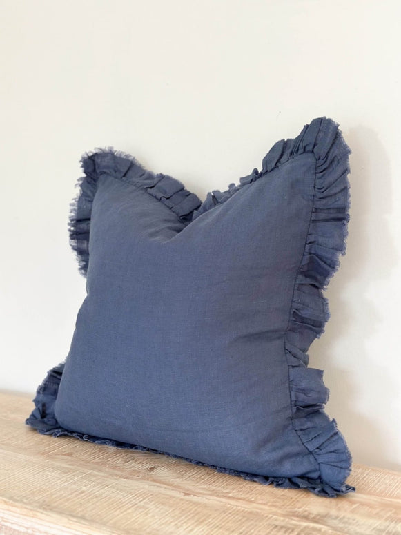 Navy Blue Luxury Linen Ruffled Edge Cushion Cover - 55cm x 55cm