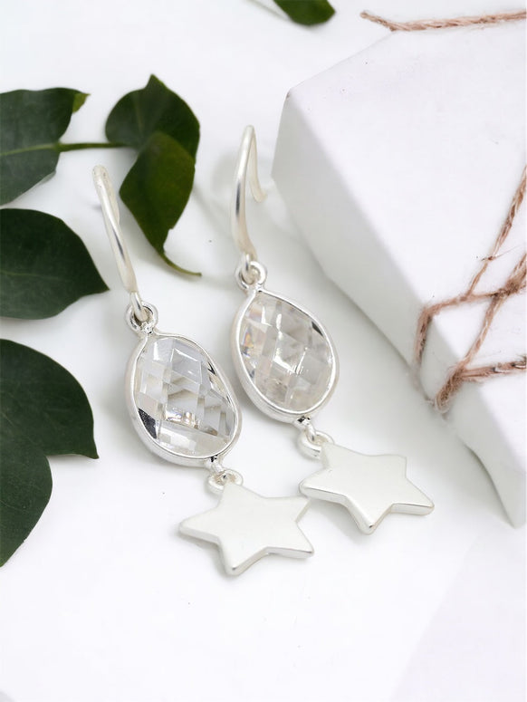 Silver Plated Oval Crystal Drop Earrings With Hanging Star