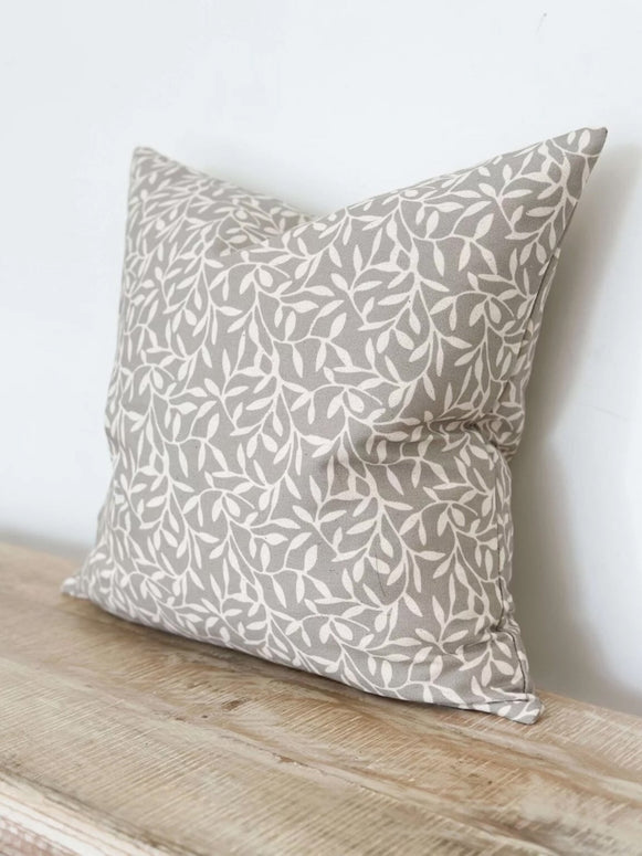 Aria Grey Leaf Print Cotton Cushion Cover - 45cm x 45cm