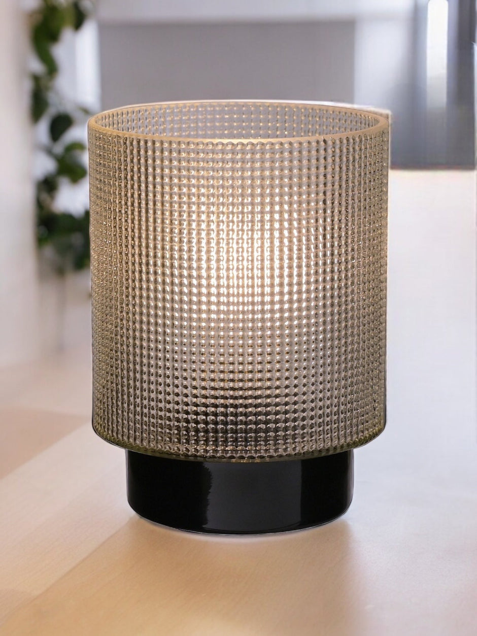 Taupe Textured Glass LED Lamp With Black Base