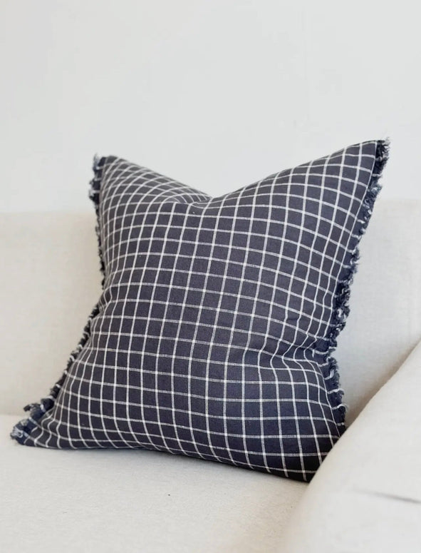 Navy Blue Frayed Edge Linen Blend Cushion Cover - 45cm x 45cm