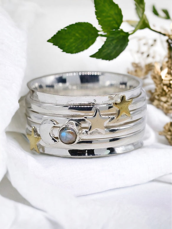 Sterling Silver Spinning Ring - Moon And Stars