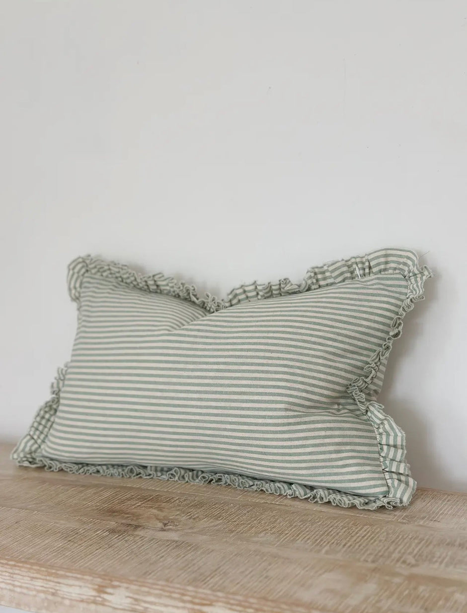 Darcy Sage Green Stripe Linen Ruffled Edge Cushion Cover - 50cm x 30cm